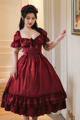 Red Short Puff Sleeves Multi-Layered Ruffle Bowknot Classic Vintage Lolita Dress